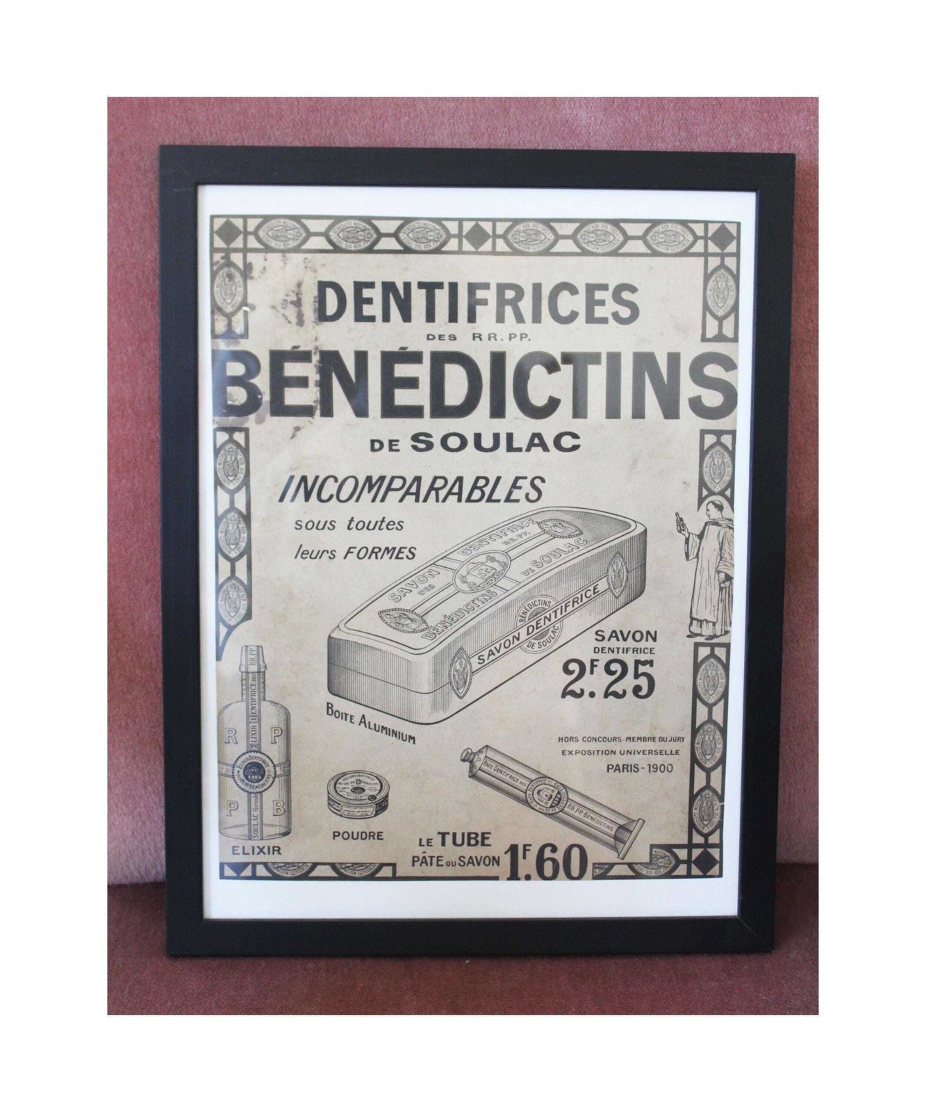 Large Framed Antique French Dental Advertising Poster, Dentifrices Des Benedictins Soulac, French Abbey Toothpaste, Monastery, Monks, Black