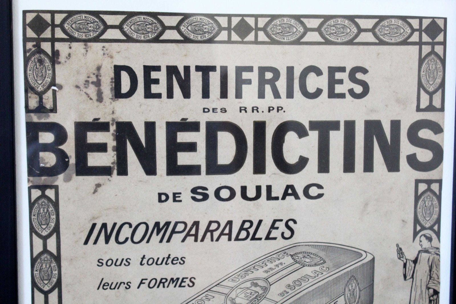 Large Framed Antique French Dental Advertising Poster, Dentifrices Des Benedictins Soulac, French Abbey Toothpaste, Monastery, Monks, Black photo furniture