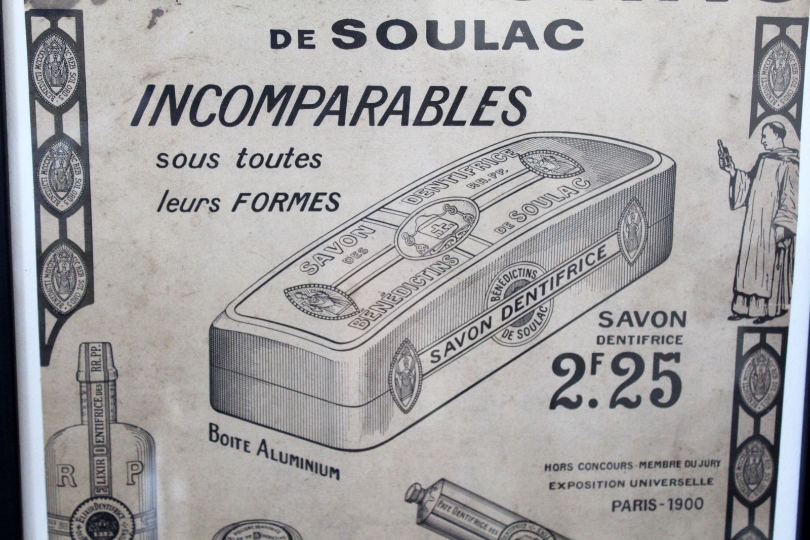 Large Framed Antique French Dental Advertising Poster, Dentifrices Des Benedictins Soulac, French Abbey Toothpaste, Monastery, Monks, Black photo for sale