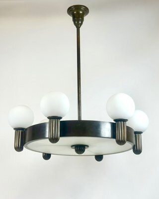 Arts And Crafts Bronze 6 Arm Chandelier, 1910s