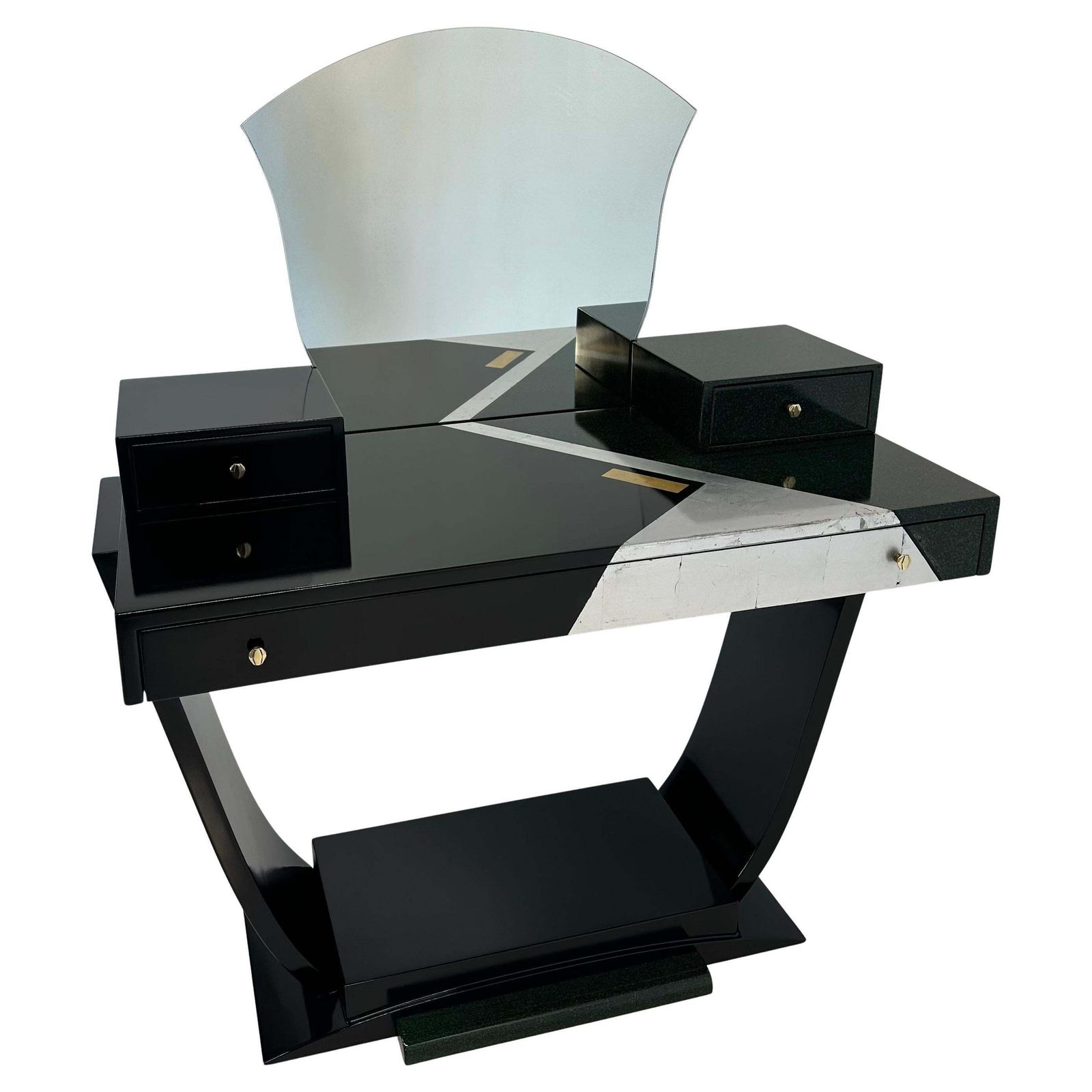 Italian Art Deco Black And Green Lacquer, Silver Leaf Vanity Table, 1970s