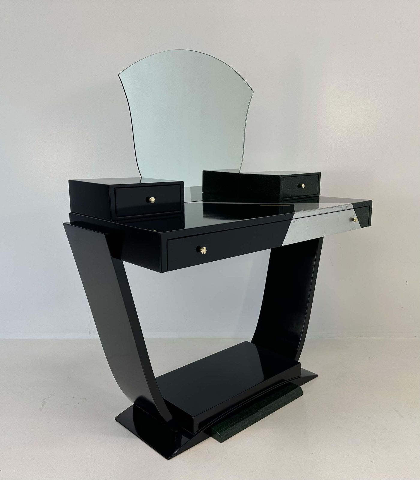 Italian Art Deco Black And Green Lacquer, Silver Leaf Vanity Table, 1970s photo furniture