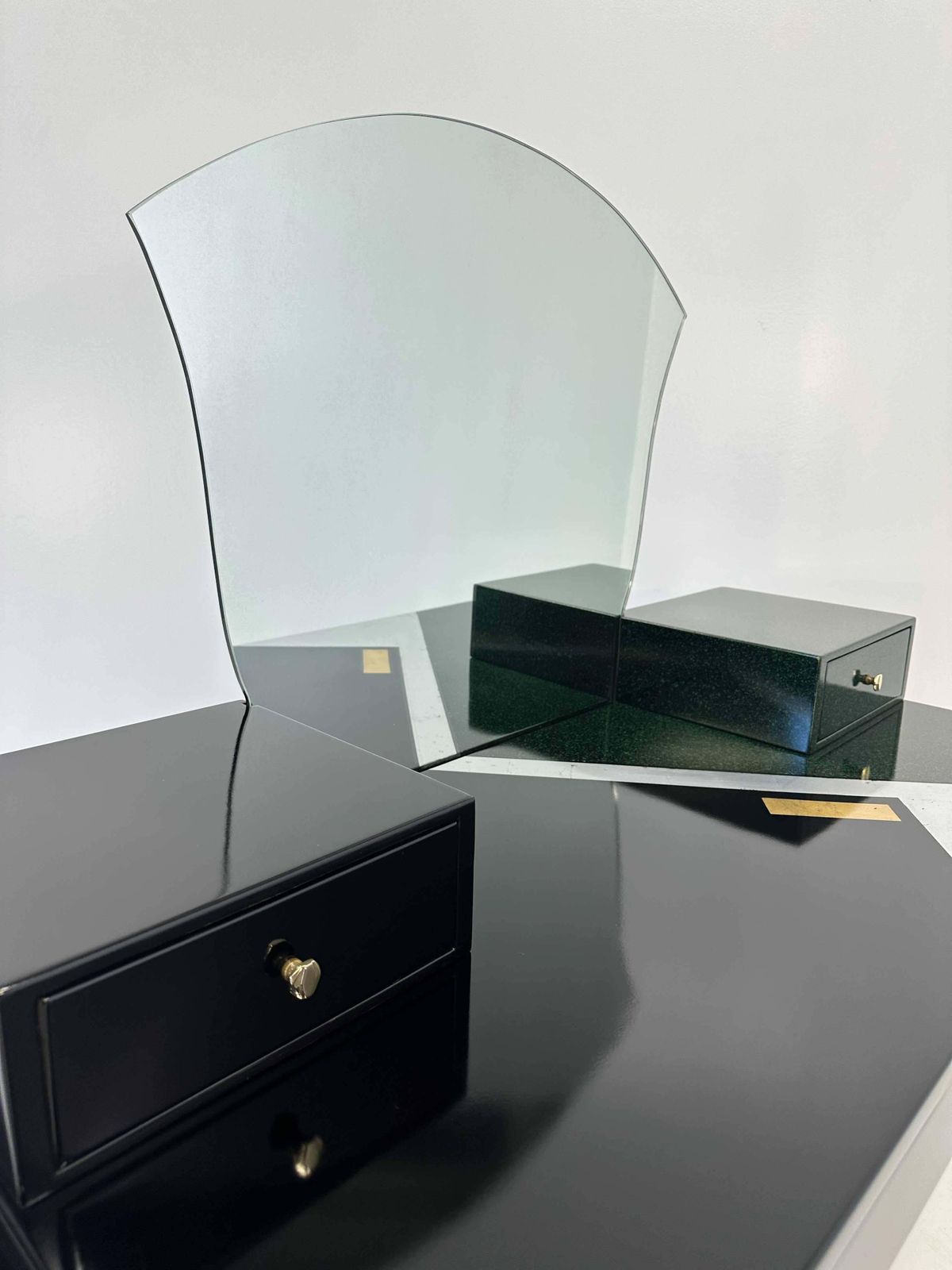 Italian Art Deco Black And Green Lacquer, Silver Leaf Vanity Table, 1970s photo buy