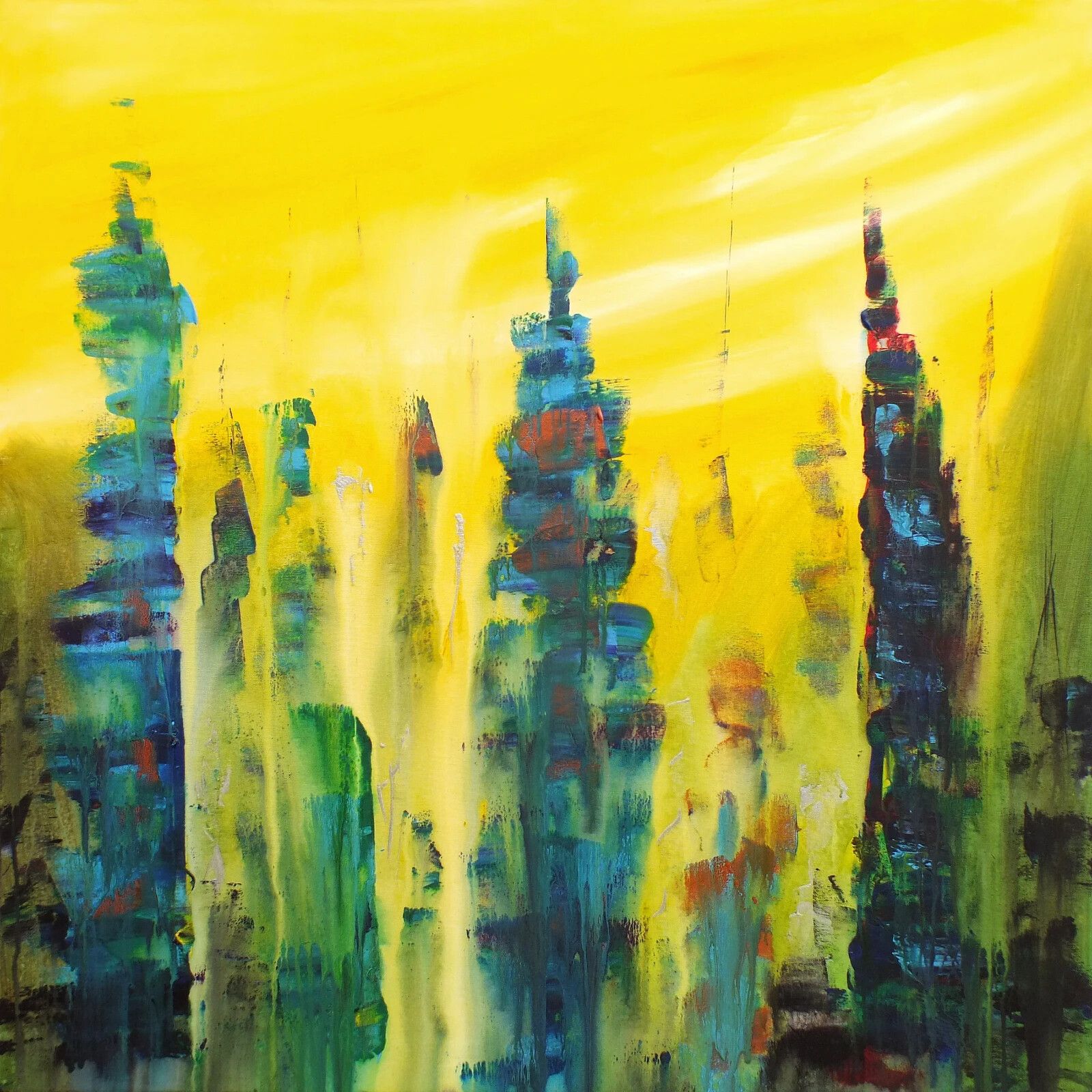Large Abstract Cityscape Painting City Spires Signed  James Lucas 90cm X 90cm photo vinterior