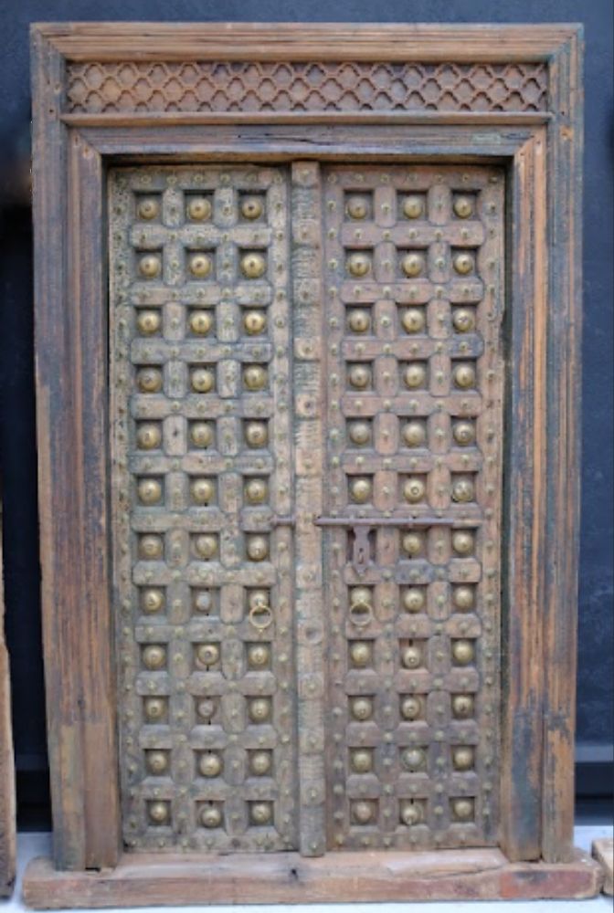 Antique Early 1900s Shekhawati Teak Wood Door With Brass Studs – Hand Carved Royal Indian Haveli Entrance