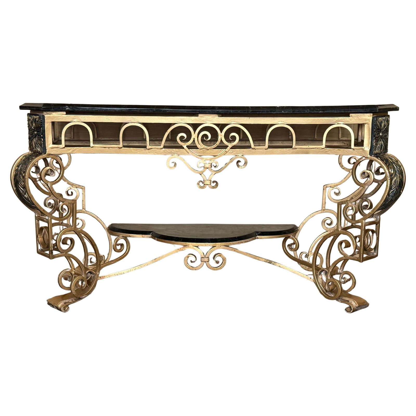 Console Louis XV en fer forgé doré, plateau en marbre, XIXe siècle