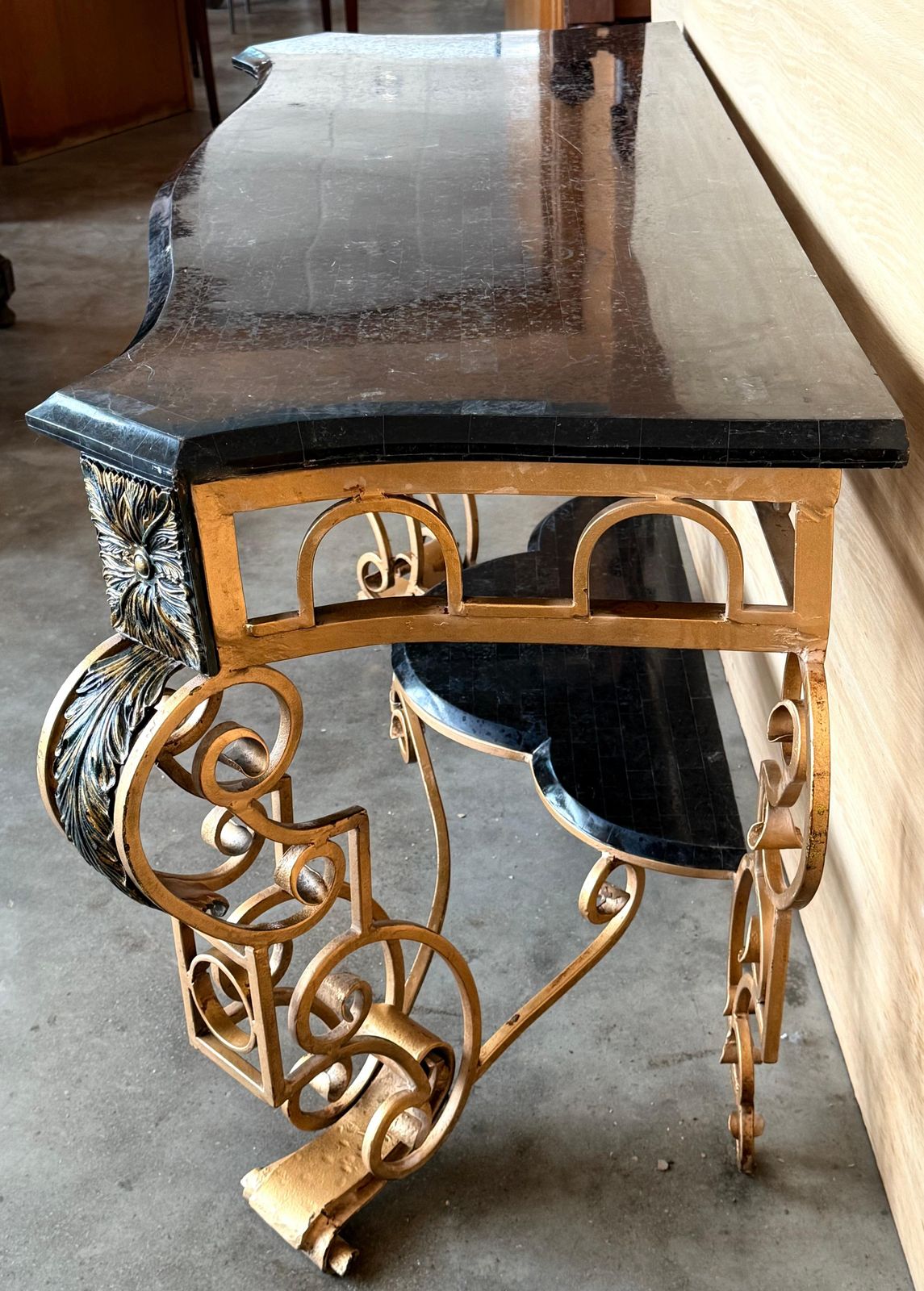 French 19th Louis XV Wrought Iron Gilded Console With Marble Top And Low Shelve photo vinterior