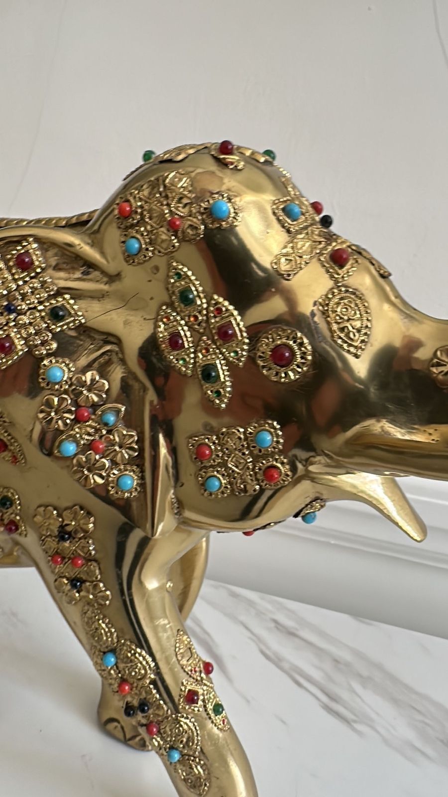 Pair Of Brass Elephant Sculptures With Semi Precious Stones photo vinterior