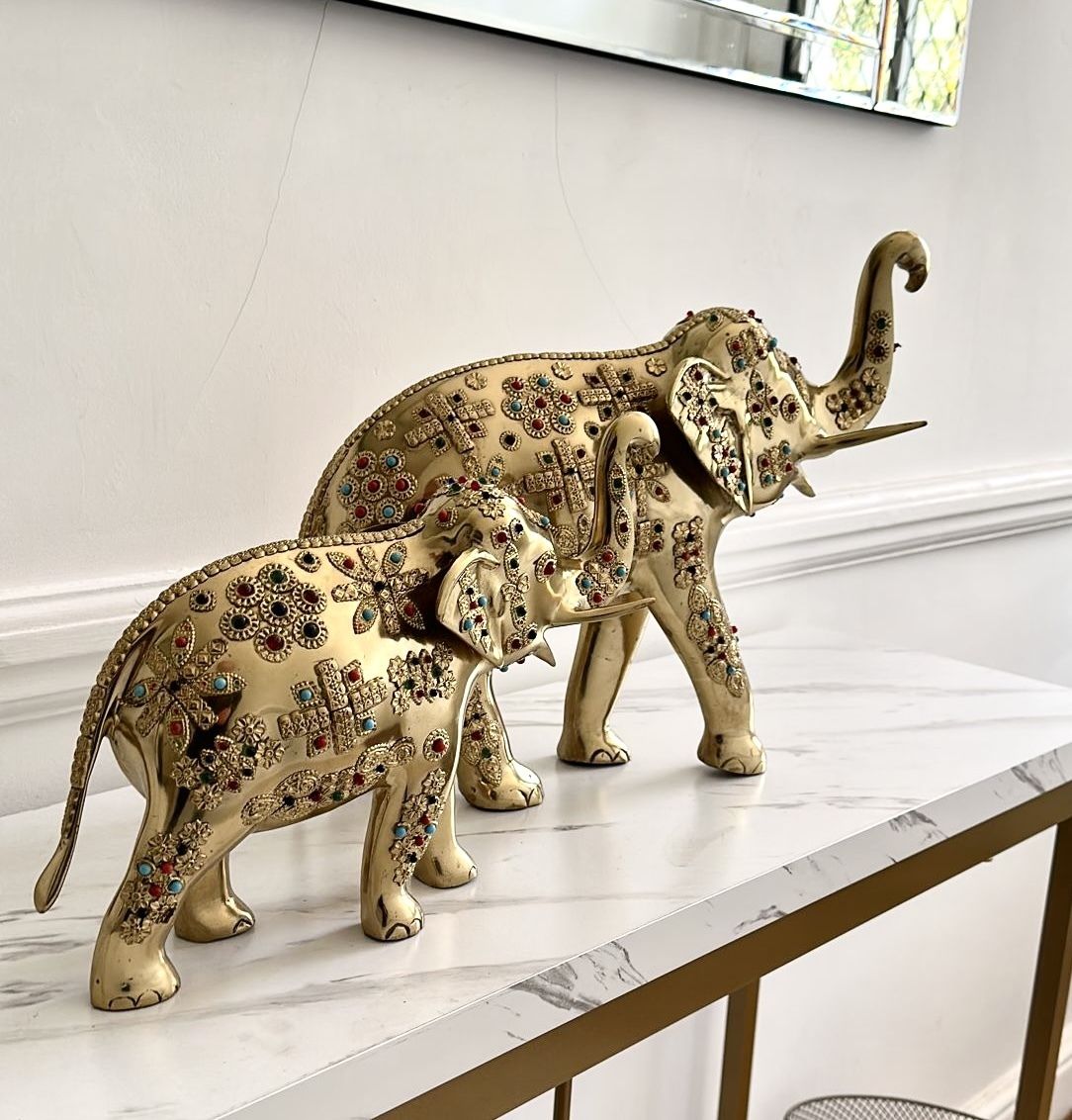 Pair Of Brass Elephant Sculptures With Semi Precious Stones photo buy
