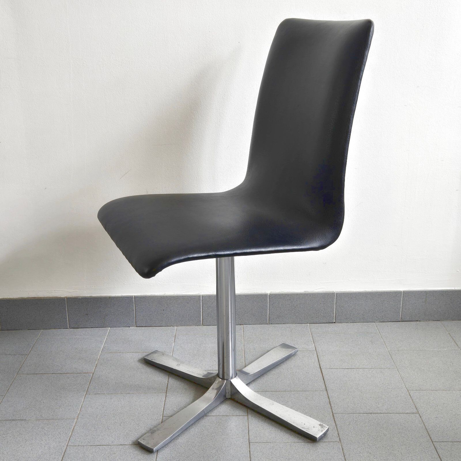 Vintage 1970s Black Skai & Metal Swivel Chair Suite Of 4 Brush & Chrome photo for sale