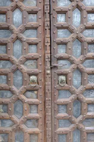 Home Fixtures Antique Indian Handcrafted Door With Frame | Early 20th Century Hand Carved Teak Wood & Ironwork | Rajasthani Architectural Piece photo