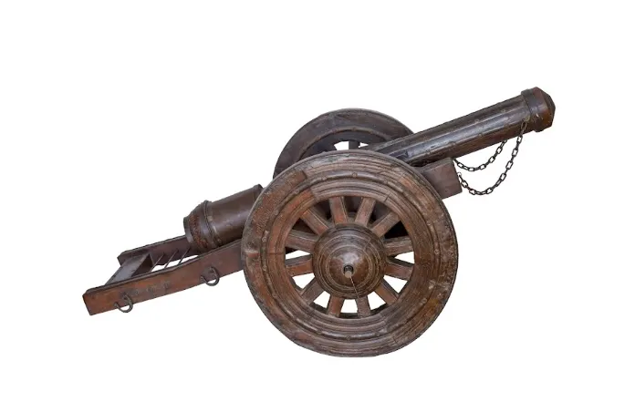 Antique French Designed Teakwood Pillar Canon | Circa 1890 Hyderabad, India | Military Artillery With Working Wheels photo vintage