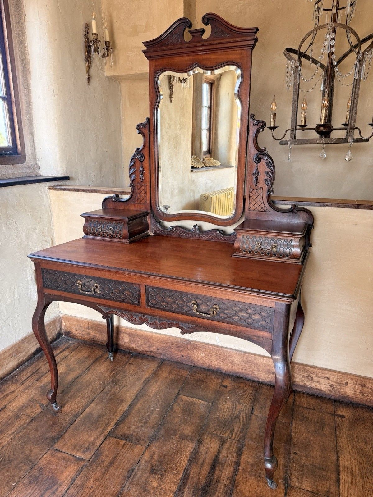 Fine  English Victorian Antique Mahogany Carved Dressing Table By Maple Co photo furniture