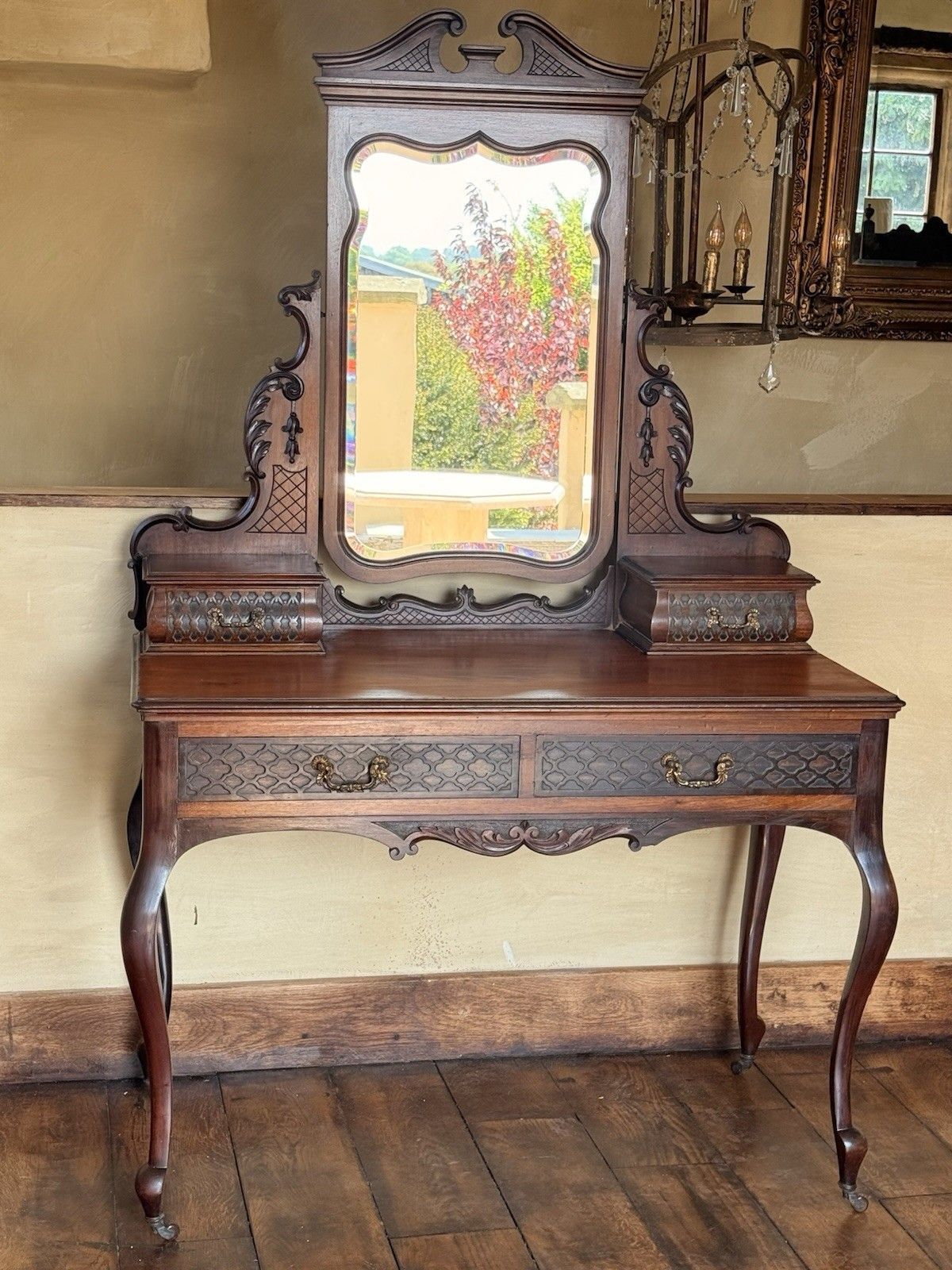 Fine  English Victorian Antique Mahogany Carved Dressing Table By Maple Co photo for sale