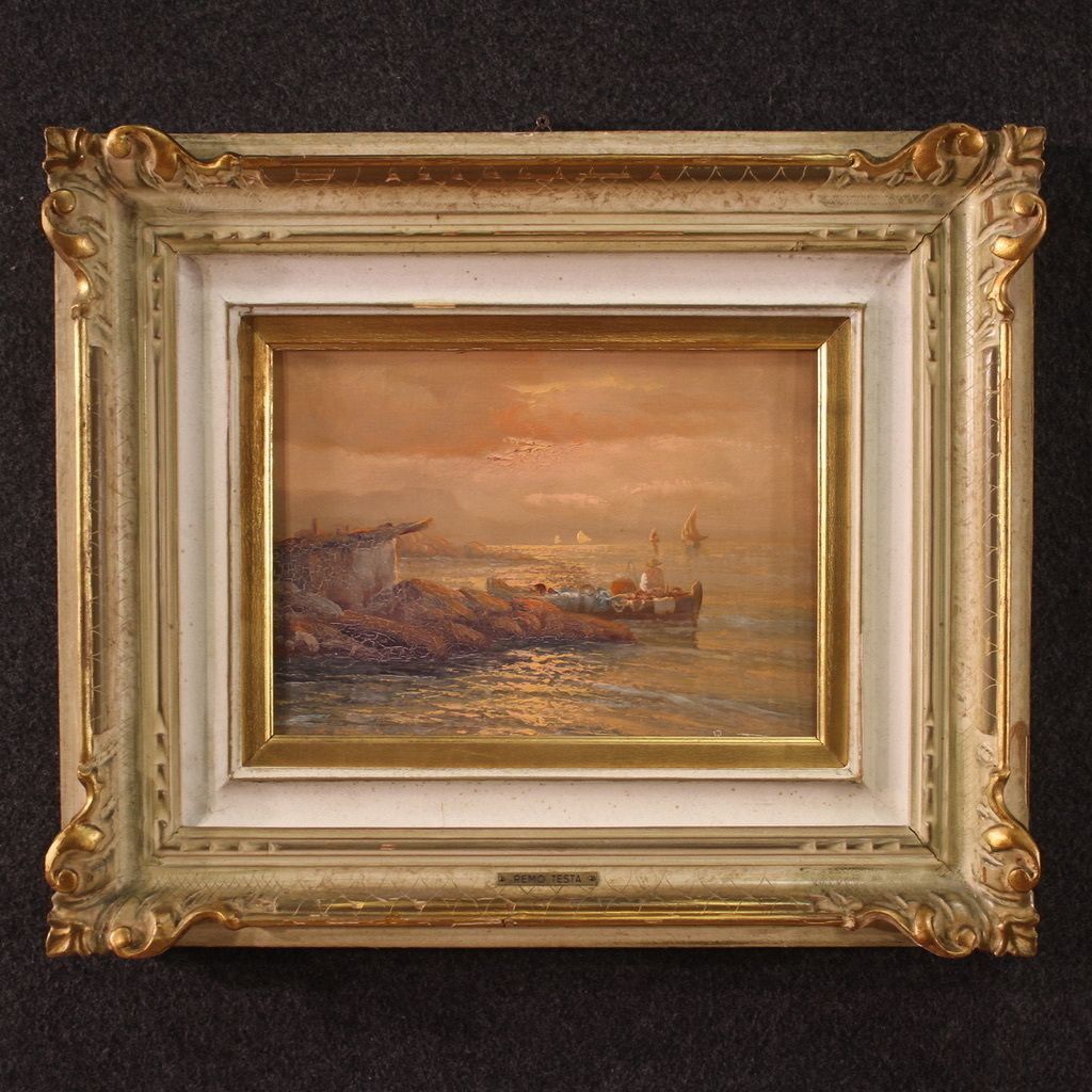 Painting Signed Remo Testa, Fishermen At Sunset photo furniture