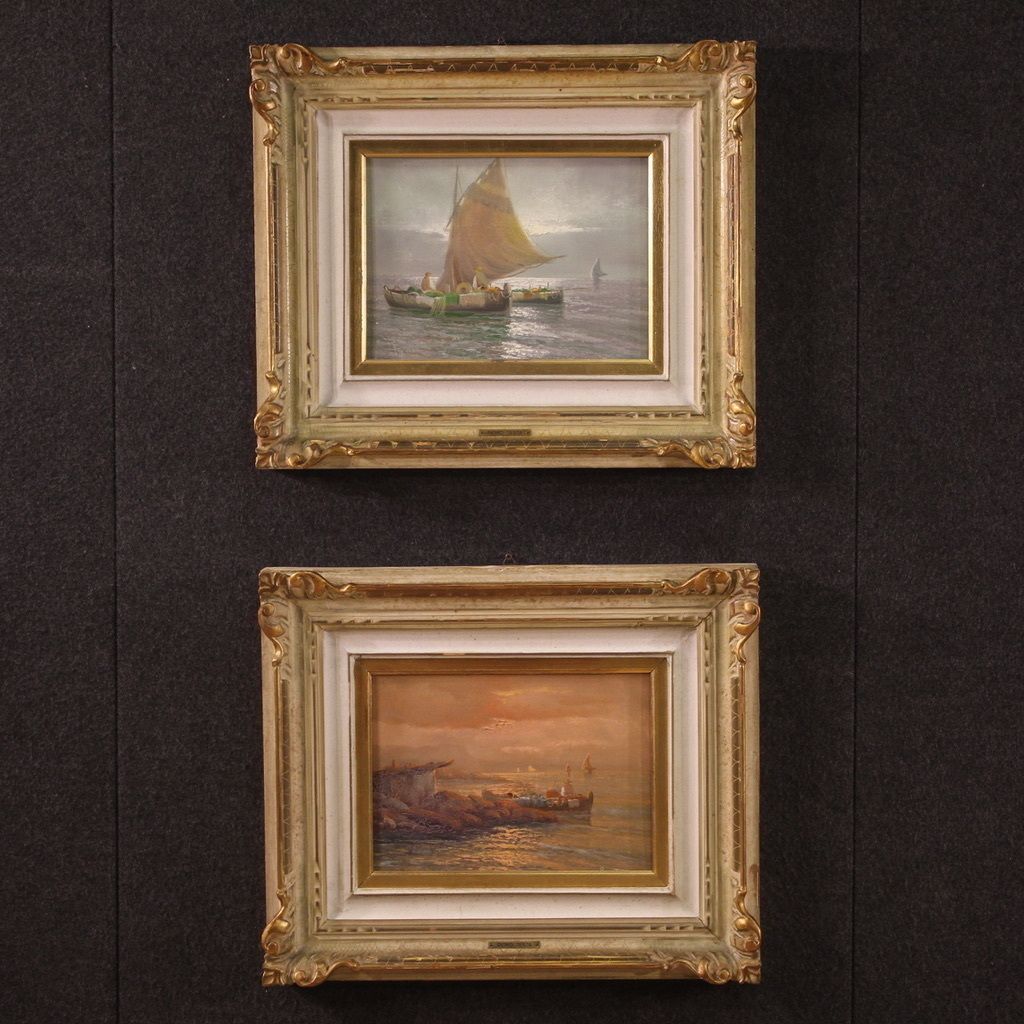 photo for sale Painting Signed Remo Testa, Fishermen At Sunset