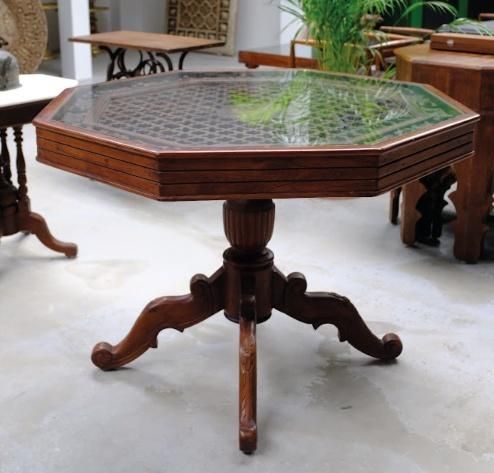 photo for sale Antique Octagonal Teakwood Dining Table With Glass Top | Hand Carved In Gujarat, India, Circa 1940
