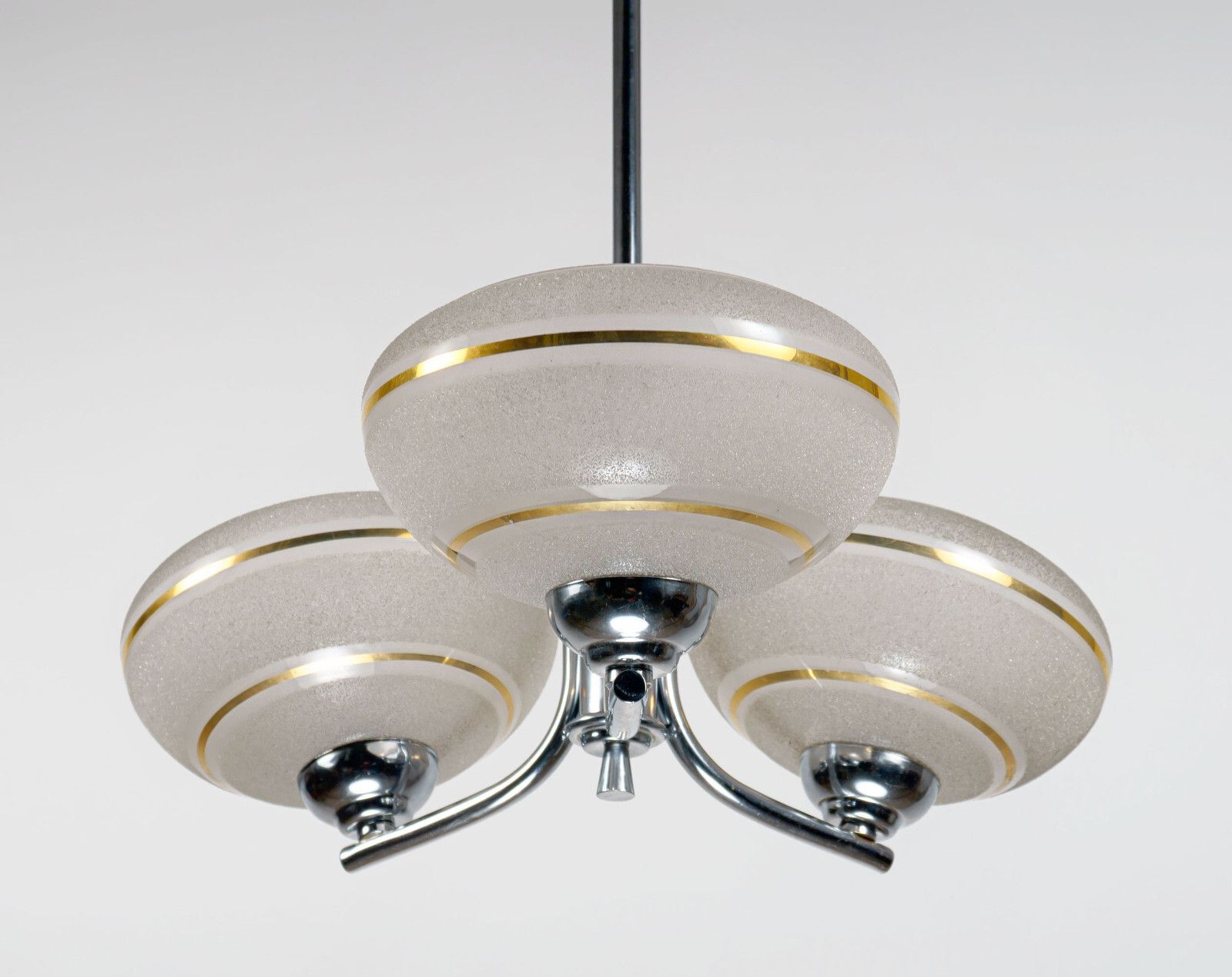 Original 1930s English Art Deco 3 Arm Chrome & Gold Gilt Glass Chandelier Lamp