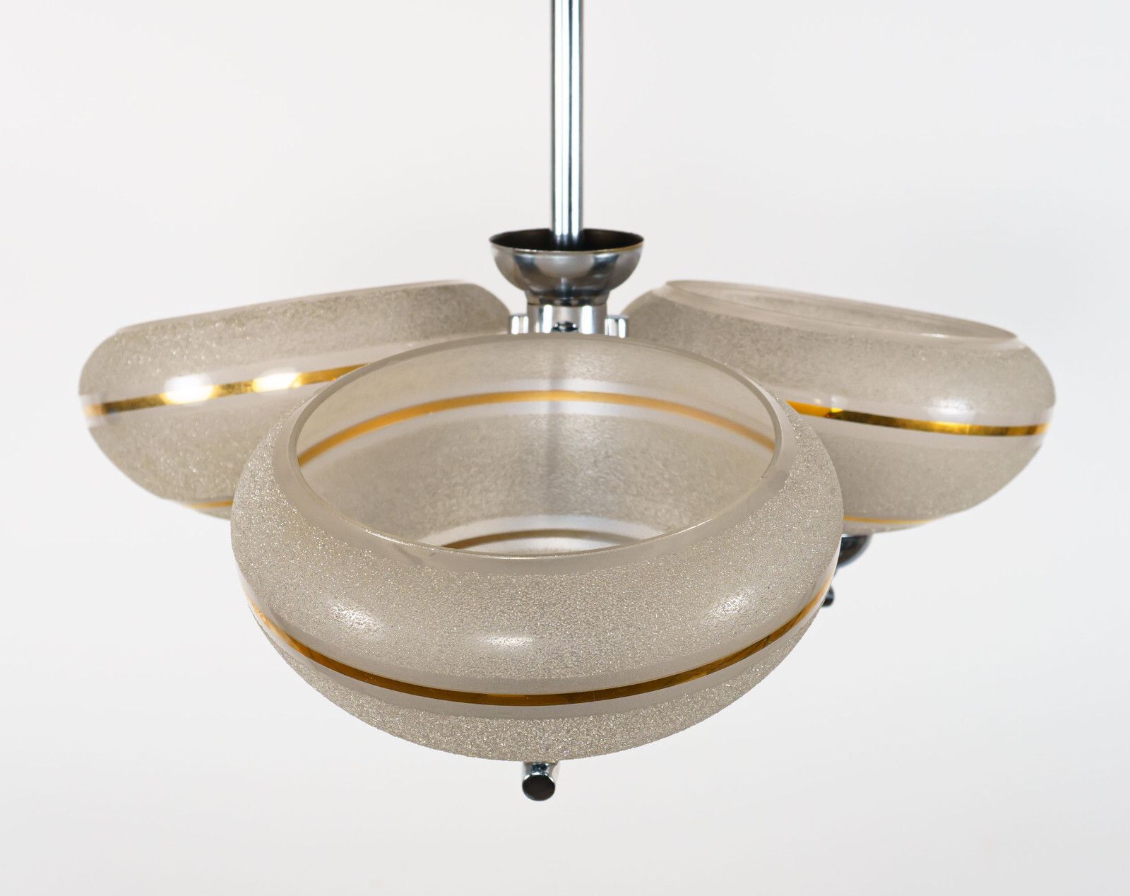 Original 1930s English Art Deco 3 Arm Chrome & Gold Gilt Glass Chandelier Lamp photo for sale
