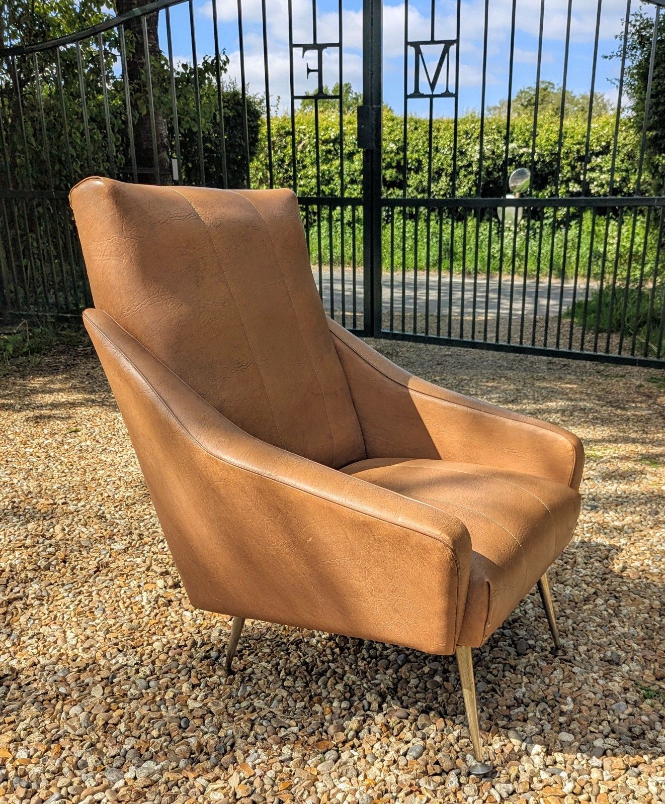 photo for sale Quality Vintage 1960 Italian Armchair Brass Taper Supports  Delivery Available