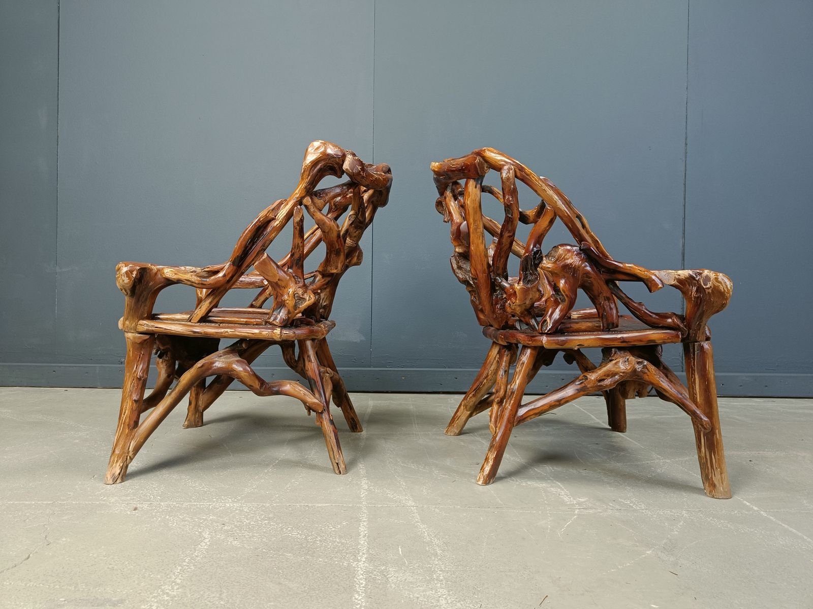 Rustic Wood And Knotted Root Armchairs, Set Of 4   1960s photo for sale