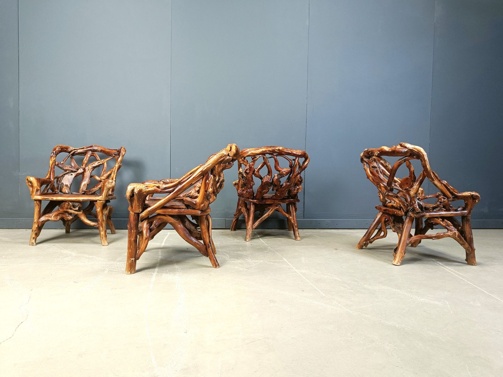 Rustic Wood And Knotted Root Armchairs, Set Of 4   1960s photo vintage