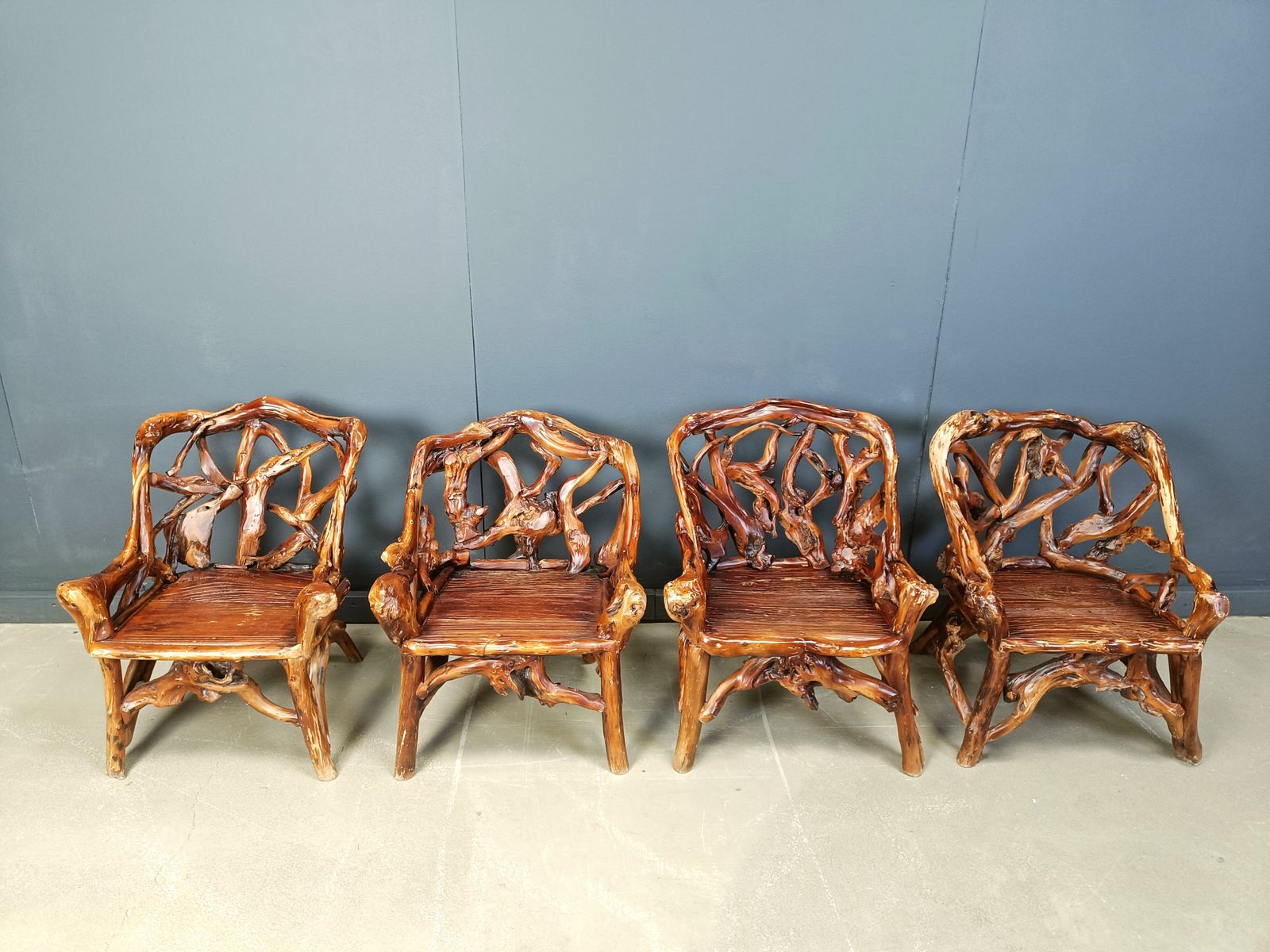 Rustic Wood And Knotted Root Armchairs, Set Of 4   1960s
