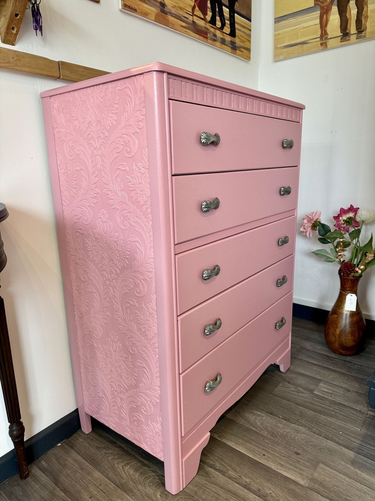 Stunning Harris Lebus Five Drawers Chest Hand Painted With Original Handles In Silver photo vinterior