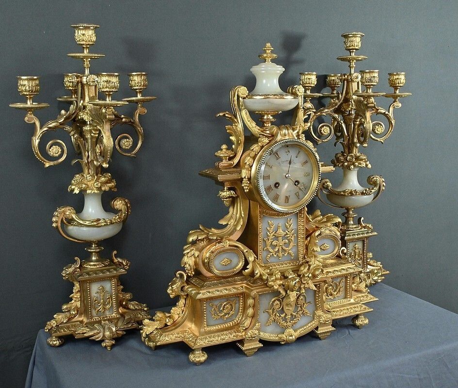 Important Gilt Bronze Fireplace Set, Louis XVI Style – Late 19th Century photo for sale