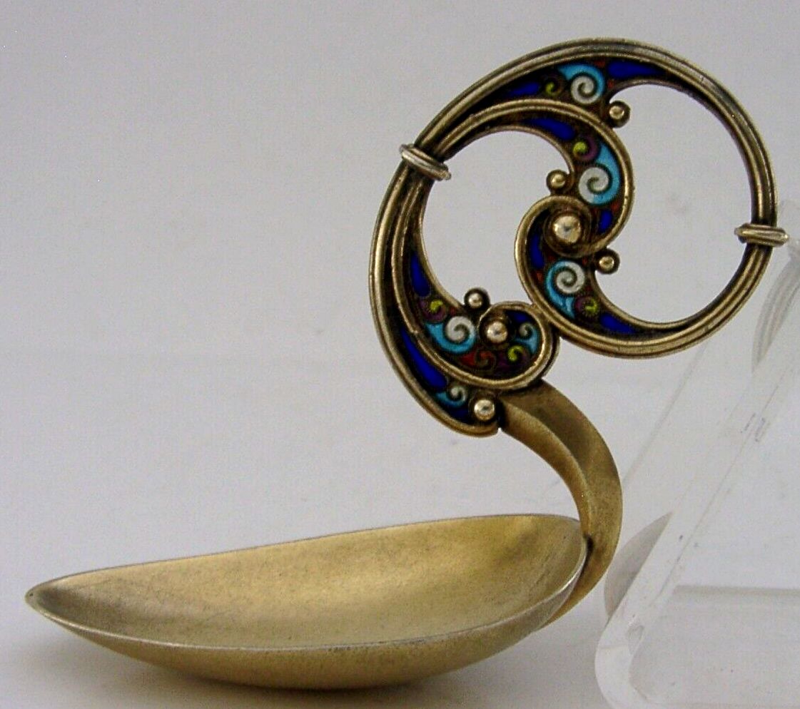 Superb Sterling Silver Gilt Plique A Jour Caddy Spoon C1900 Norwegian Antique