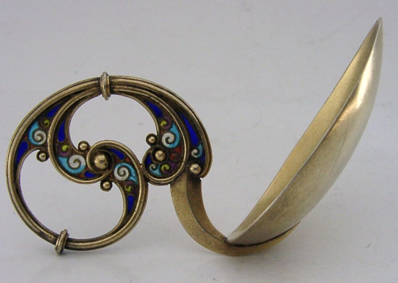Superb Sterling Silver Gilt Plique A Jour Caddy Spoon C1900 Norwegian Antique photo Home Decor