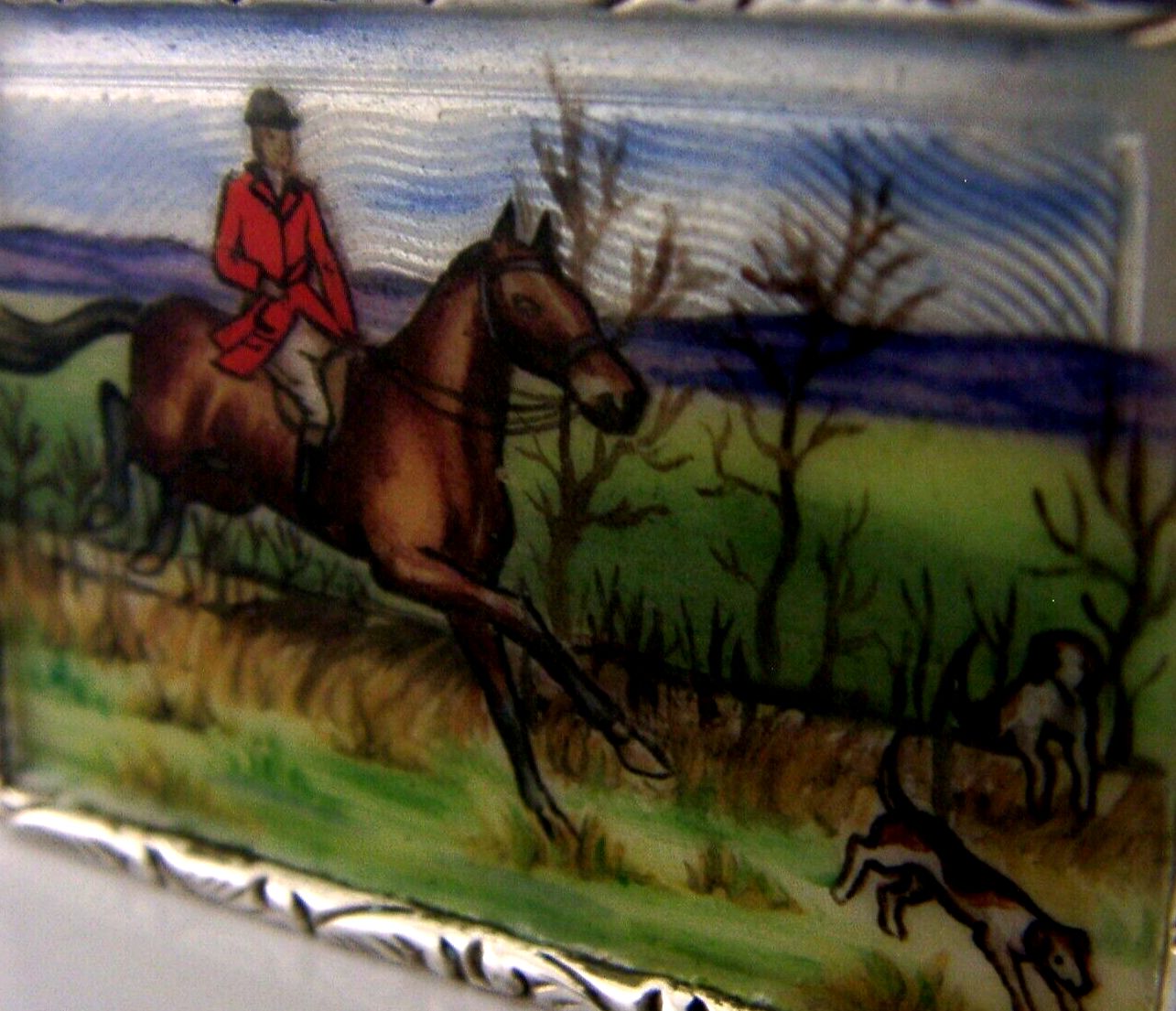 Super Rare Sterling Silver Enamel Fox Hunting Horse Riding Box 1977 Hand Painted