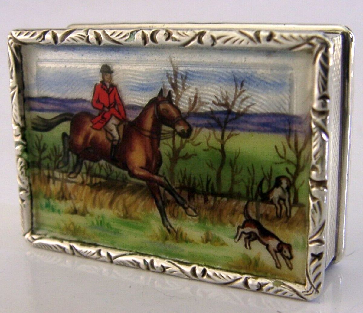 Super Rare Sterling Silver Enamel Fox Hunting Horse Riding Box 1977 Hand Painted photo furniture