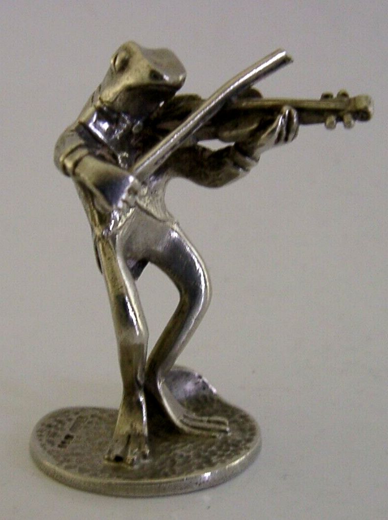 Sterling Silver Animal Frog Playing Violin Menu Holder London 1989 Novelty
