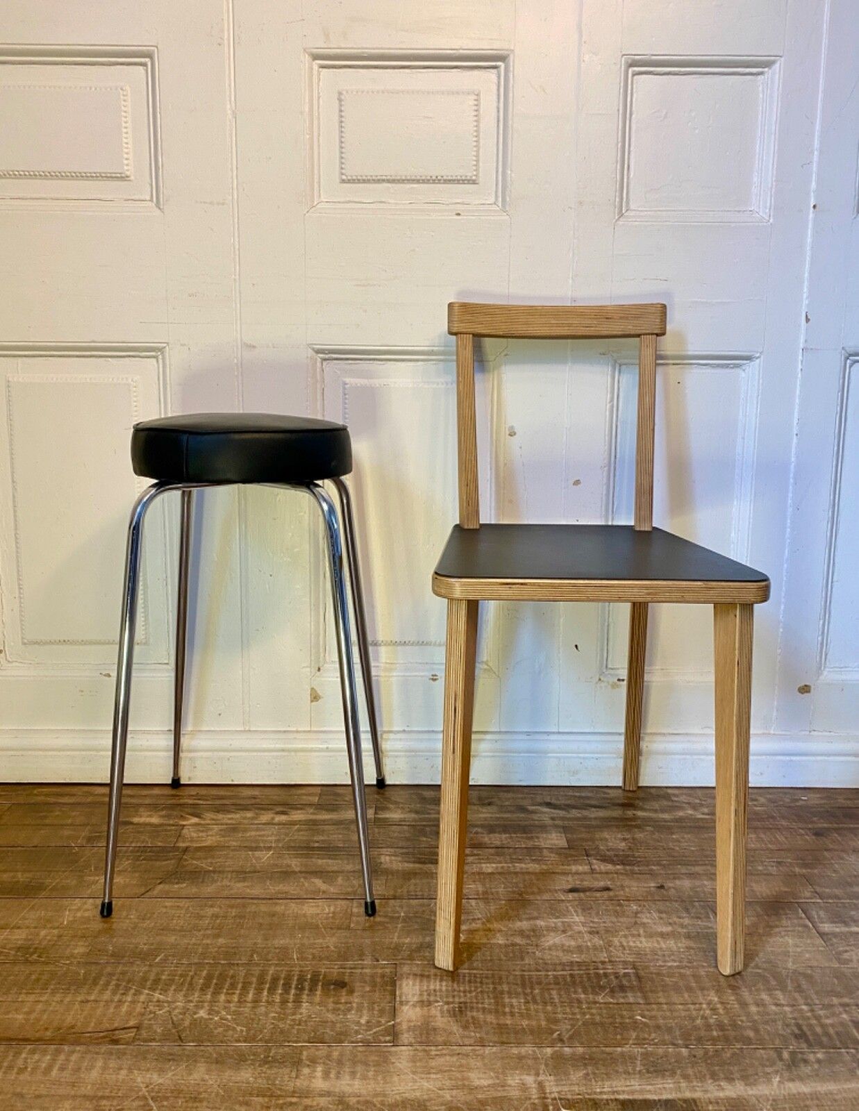 125.0 1 Of 2 Matching Original Vintage Mid Century 1960s Black & Chrome Stools. photo
