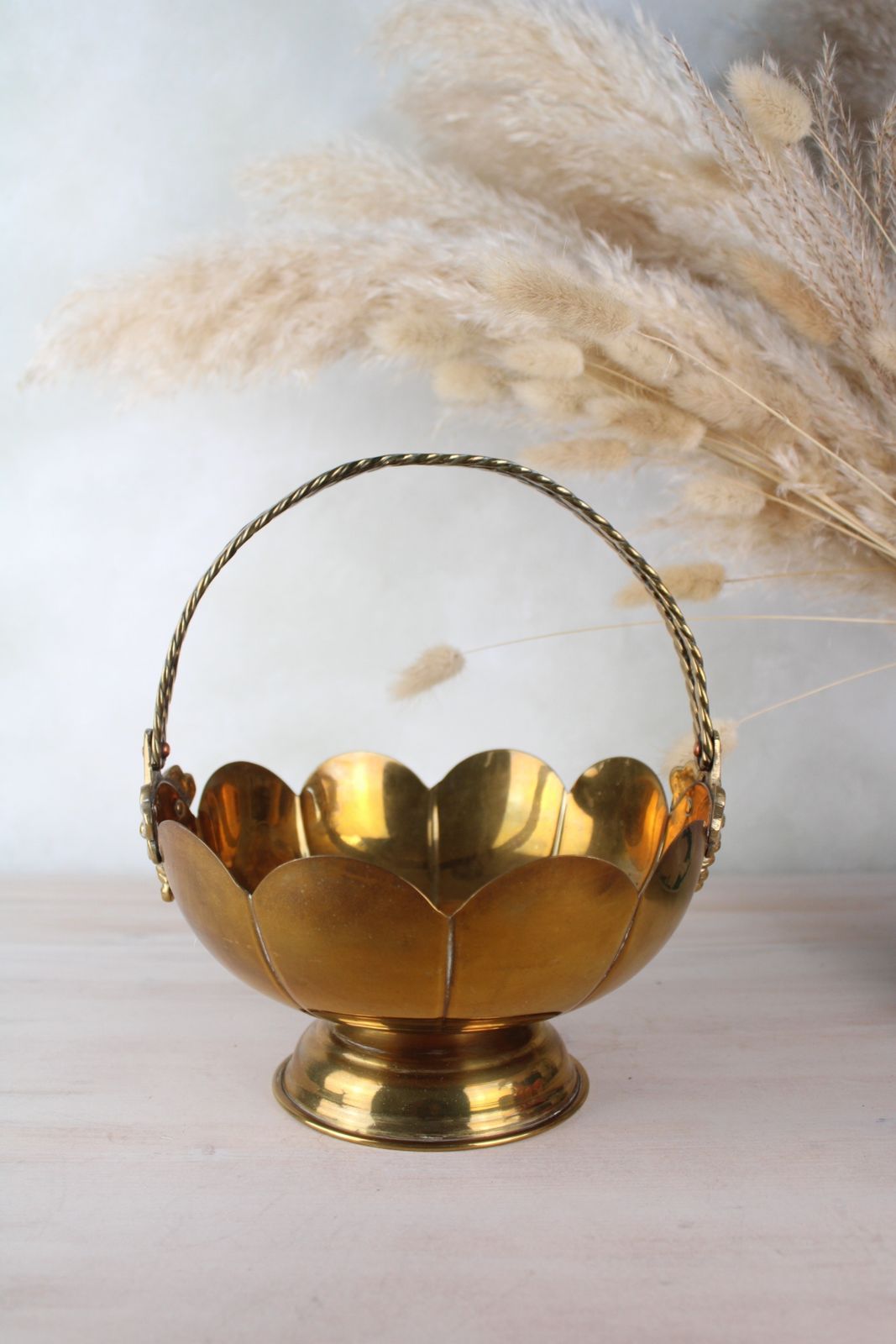 Brass Vintage Scalloped Edge Basket With Handle photo furniture