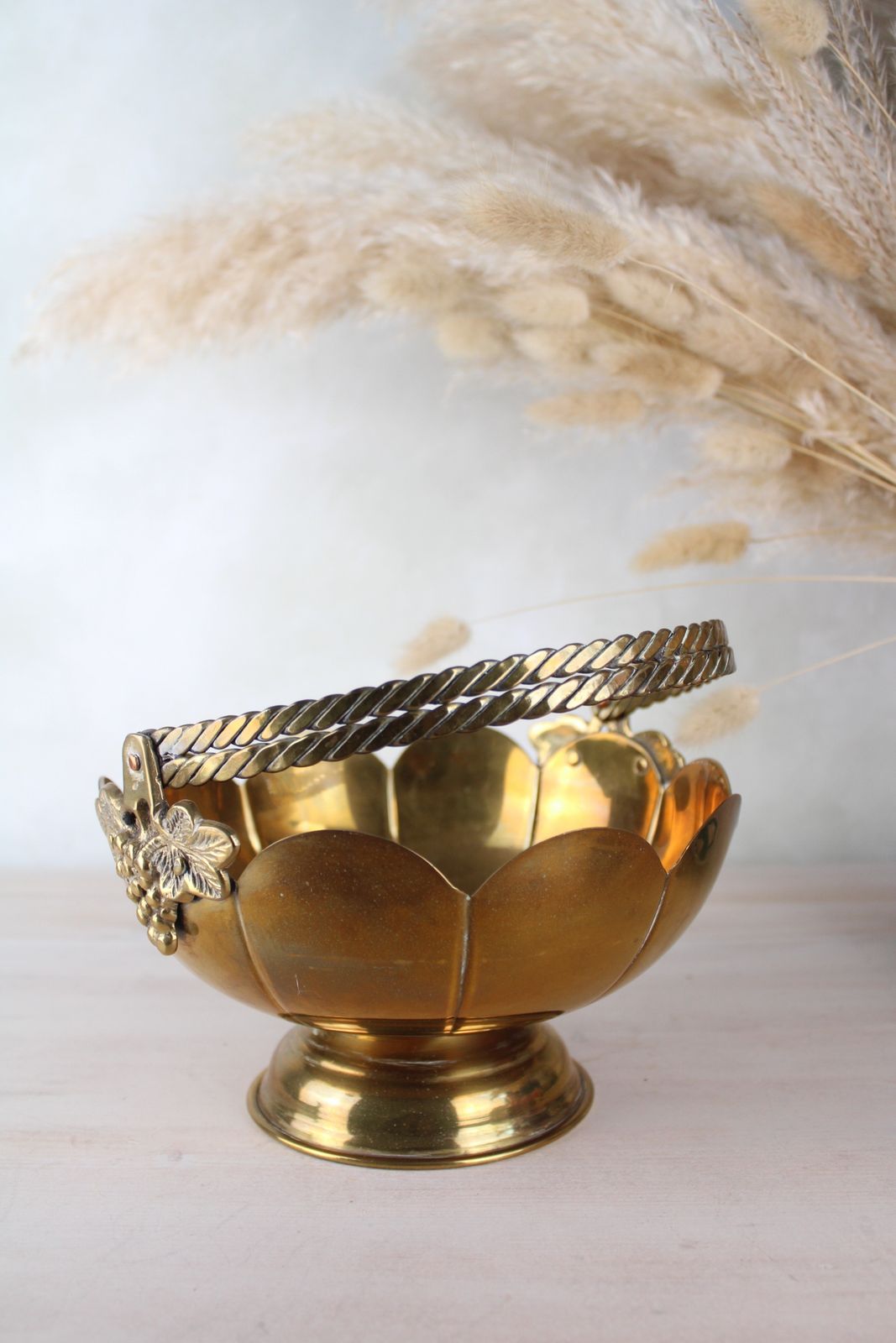 Brass Vintage Scalloped Edge Basket With Handle photo for sale