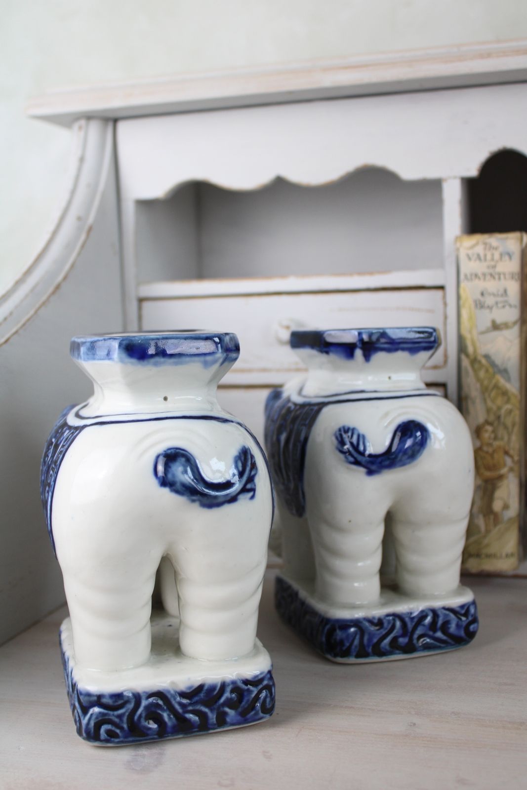 Pair Of Blue And White Ceramic Elephant Plant Stands photo for sale