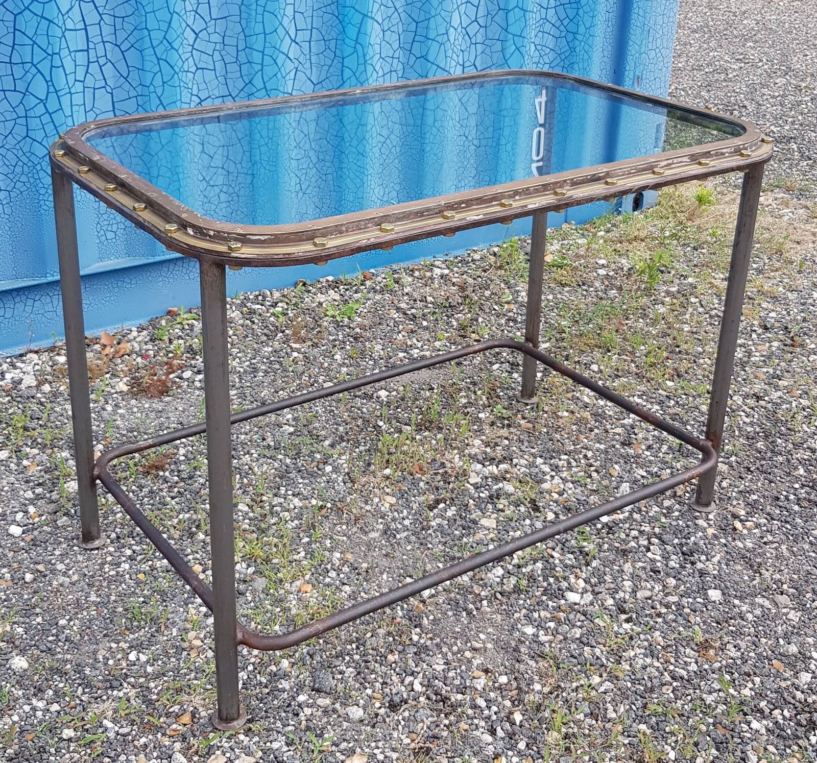 Table With Old Brass Ship's Porthole With Iron Base / 110 X 70 X 76 Cm photo furniture