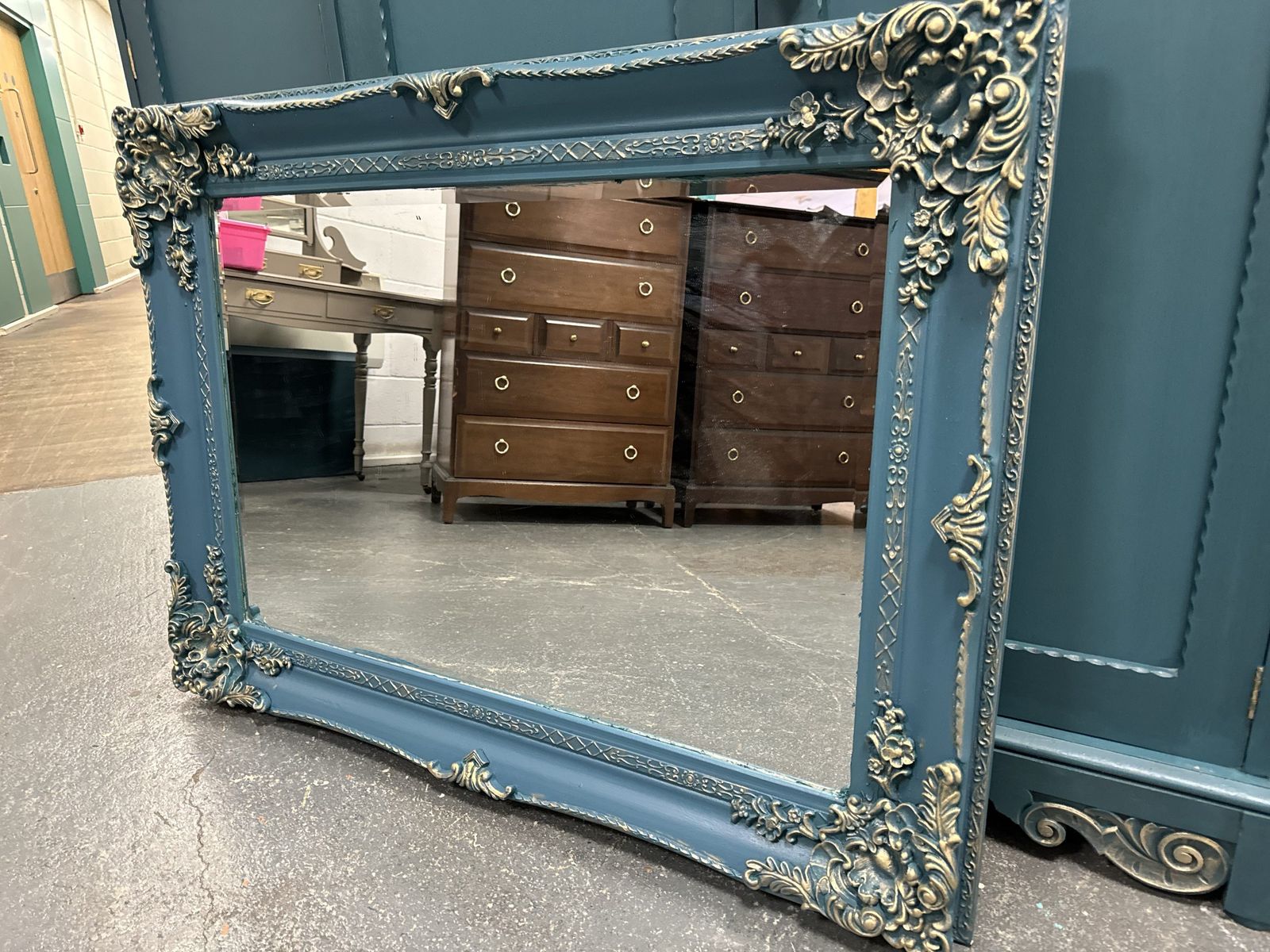 Large Mirror French Baroque Antique Ornate Custom Painted Teal And Gold Leaf photo for sale