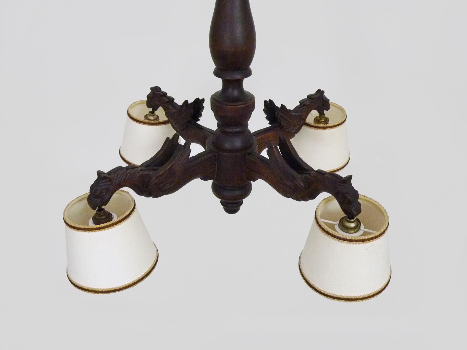 Antique 1950s Hand Carved Wooden Dragon Chandelier With 4 Lights photo vintage