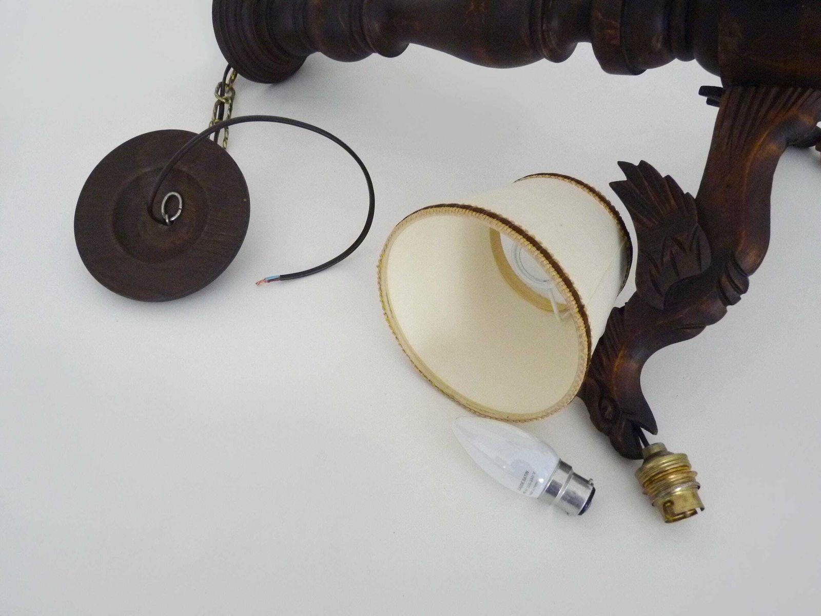 photo for sale Antique 1950s Hand Carved Wooden Dragon Chandelier With 4 Lights