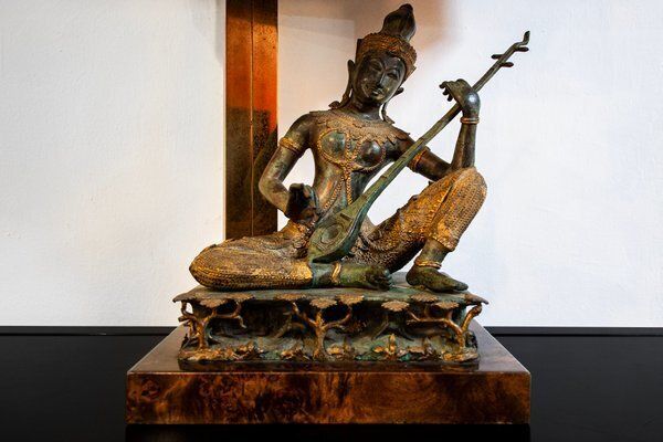 Thai Musician Table Lamp In Brass And Bronze, 1970s photo Lighting