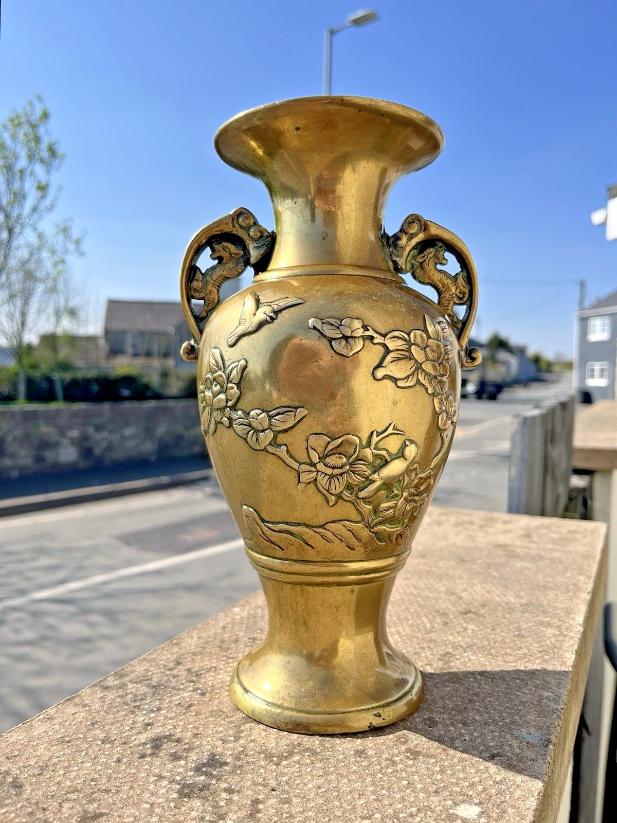 Antique Japanese Meiji Period Bronze / Brass Vase Bird Floral Aesthetic Movement