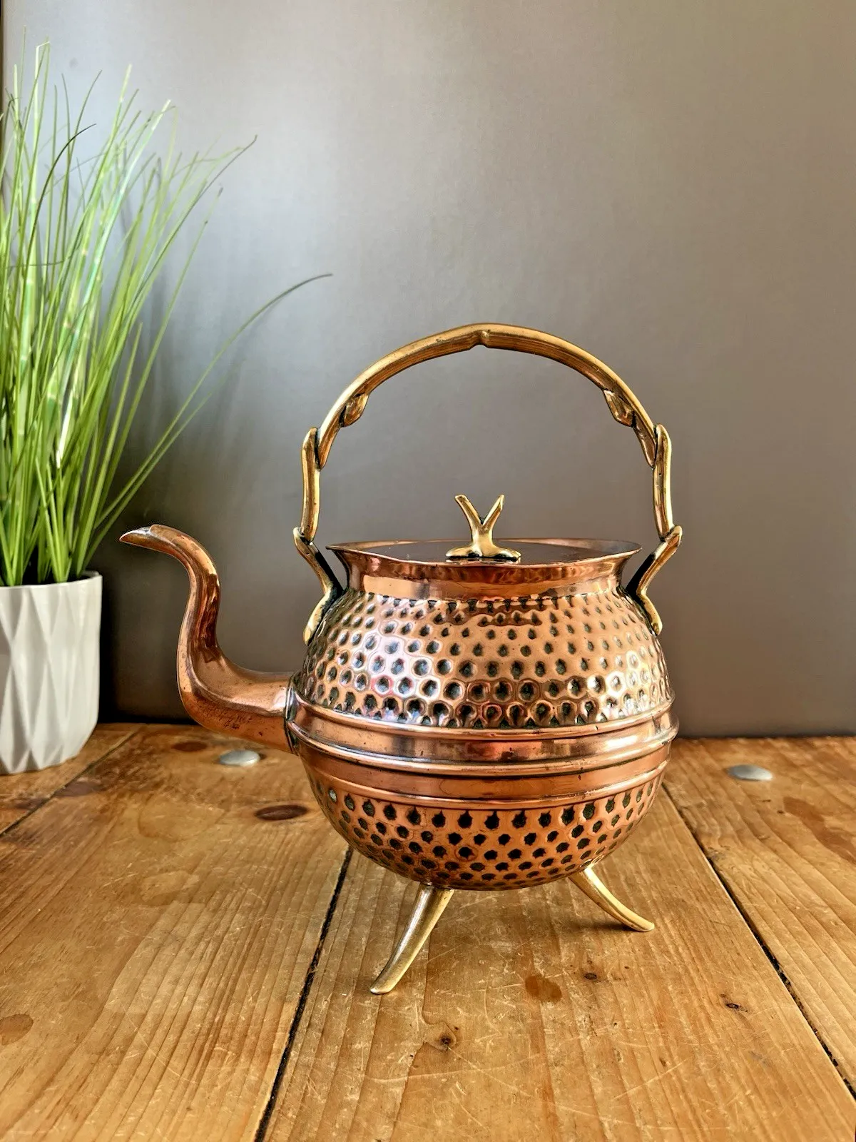 Antique Aesthetic Movement Copper & Brass Dimpled Spirit Kettle Was Benson Style photo for sale
