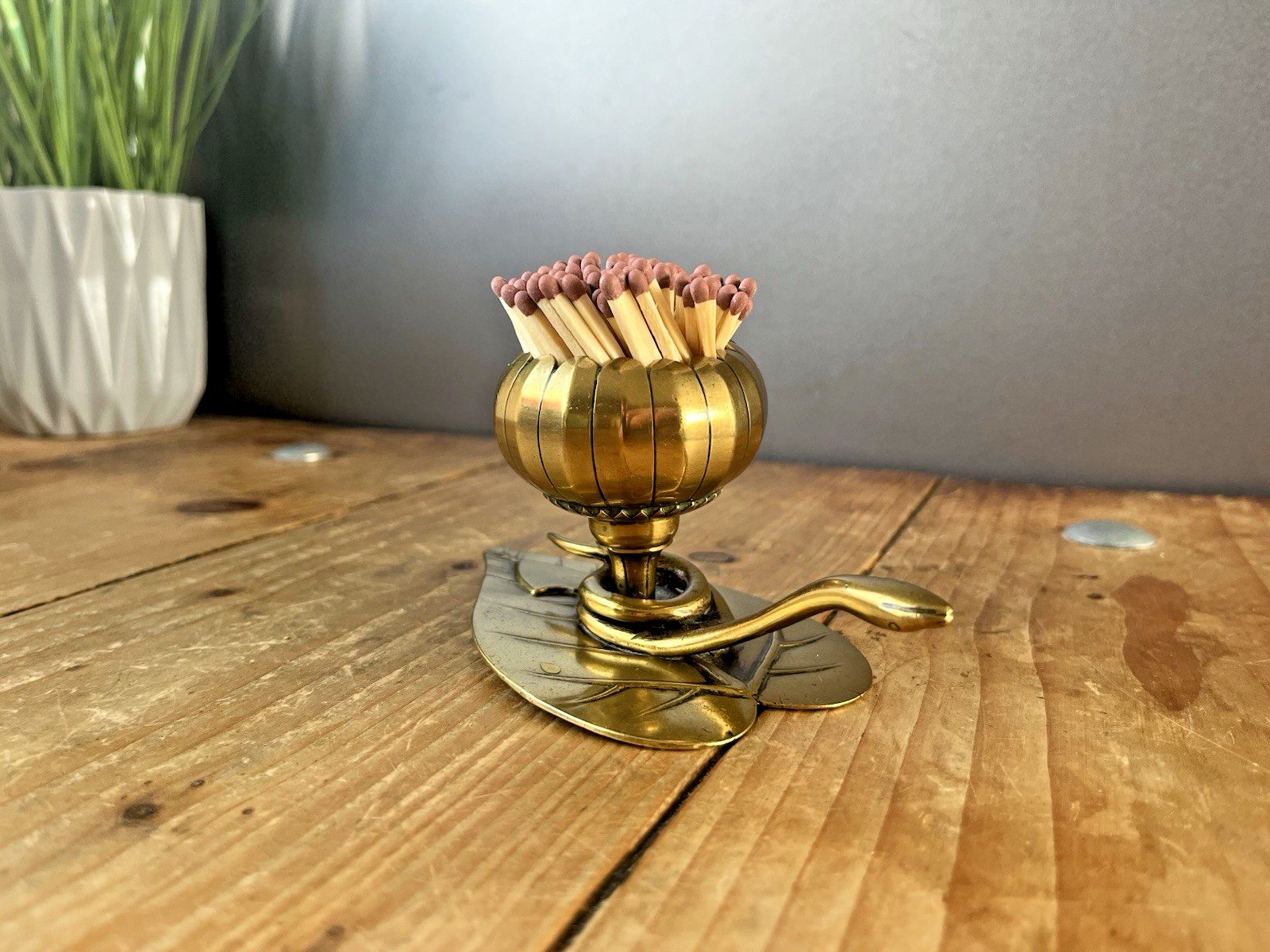 Antique Art Nouveau Brass Leaf Snake Flower Match Holder Incense Burner Candle
