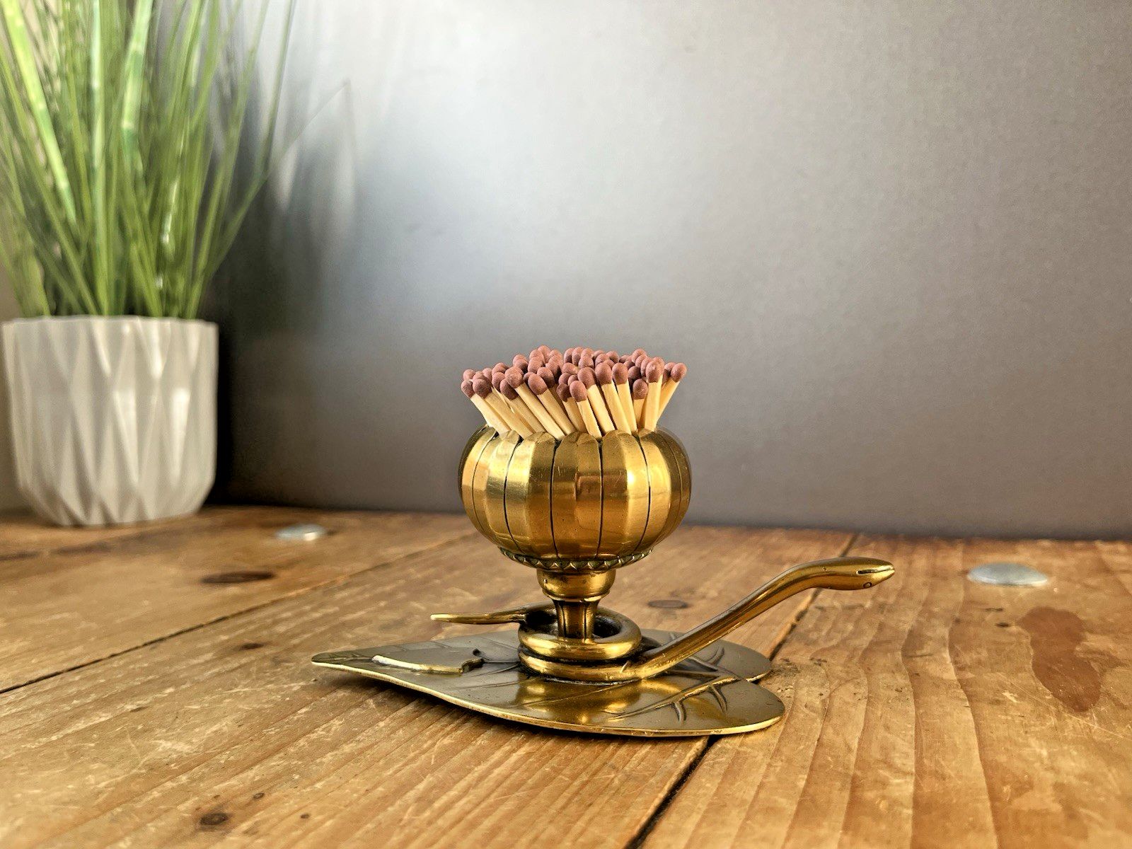Antique Art Nouveau Brass Leaf Snake Flower Match Holder Incense Burner Candle photo furniture