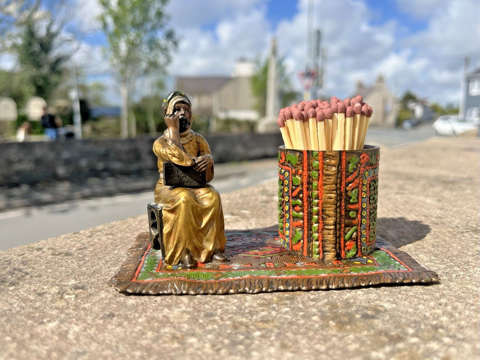 Antique Cold Painted Bronze Austria Arab Carpet Match Holder After Franz Bergman
