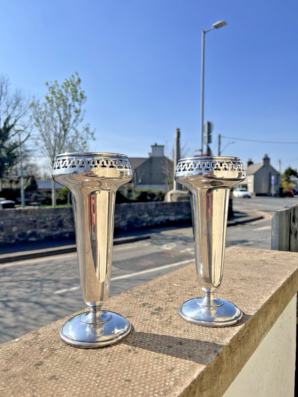 Pair Of Art Deco Walker & Hall Silver Plated Geometric Mantel Flower Vases Urns
