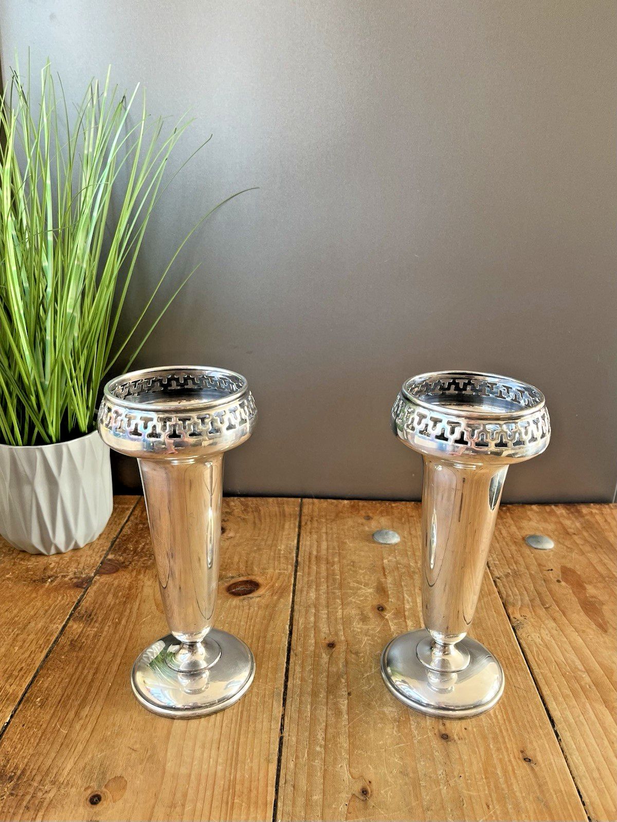 Pair Of Art Deco Walker & Hall Silver Plated Geometric Mantel Flower Vases Urns photo furniture